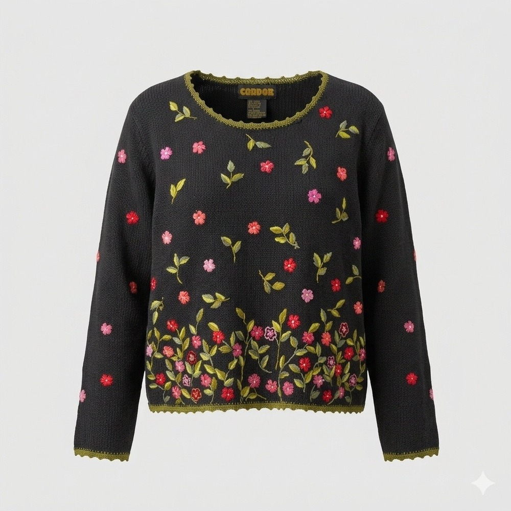 Condor Vintage 90s Floral Embroidered Ramie Cotton Knit Sweater Black Large